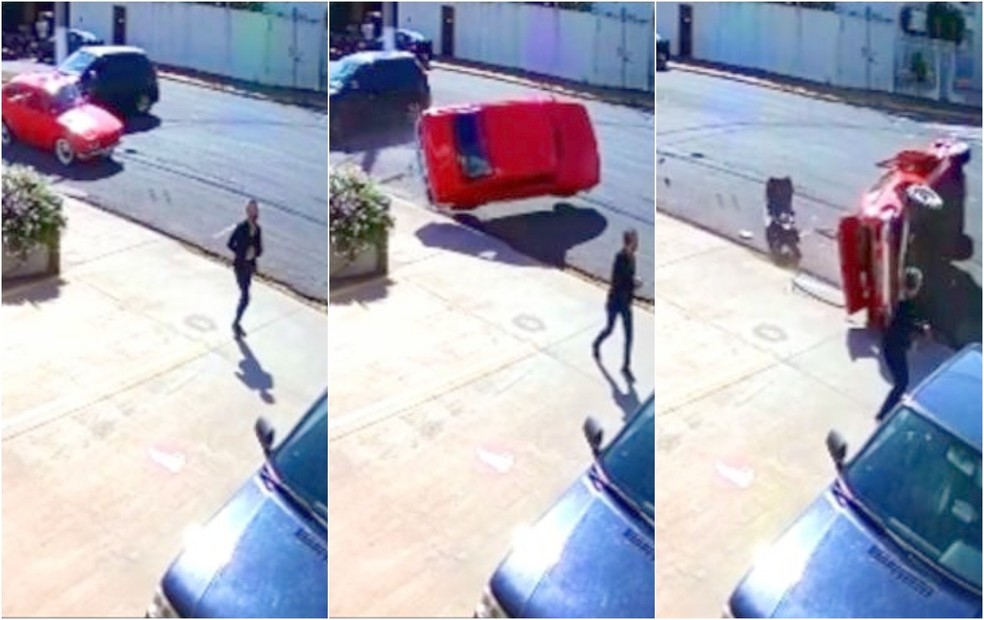 Homem escapa por pouco de ser atingido por carro após capotamento em Cerquilho — Foto: Arquivo pessoal 