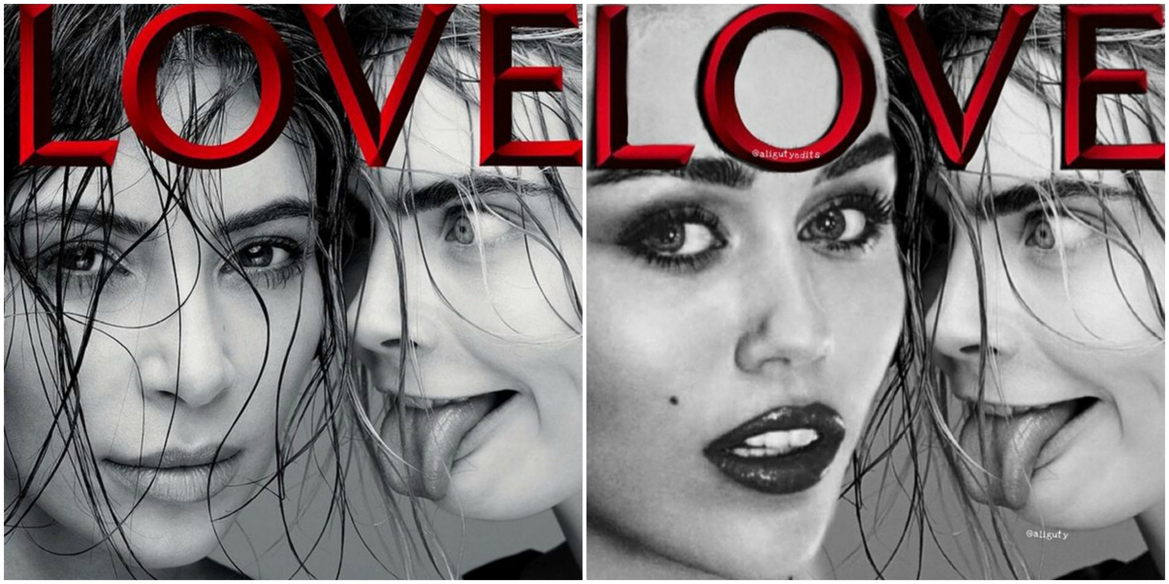 À esquerda, a capa original da revista 'Love' de fevereiro, estrelada por Kim Kardashian e Cara Delevingne, e à direita a 