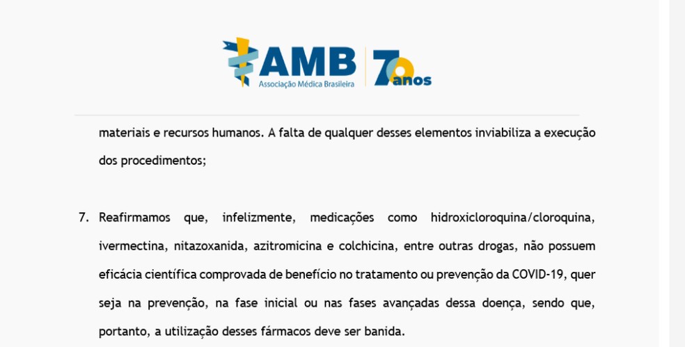 AMB divulga boletim que condena uso de remédios sem eficácia contra a Covid-19 — Foto: AMB/Divulgação