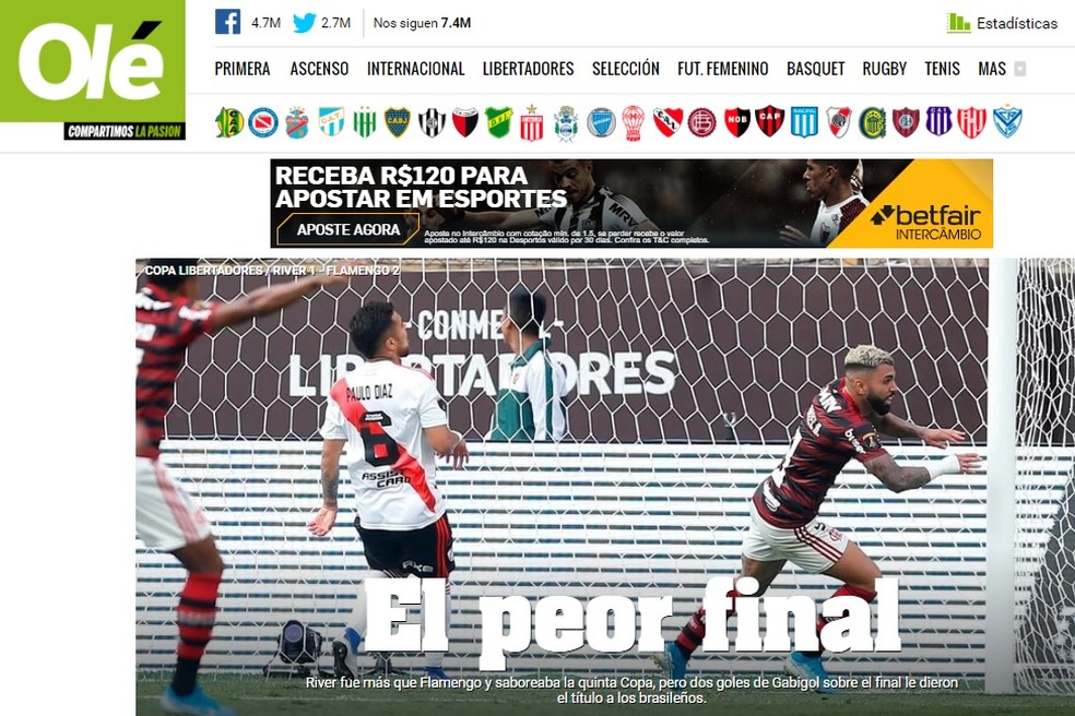 Capa do site "Olé" após a final da Libertadores entre Flamengo e River Plate — Foto: Reprodução de Internet