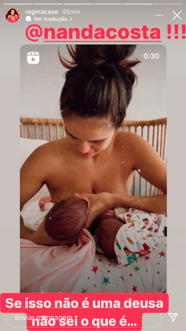 Regina Casé reposta vídeo em que Nanda Costa amamenta gêmeas (Foto: Reprodução/Instagram)