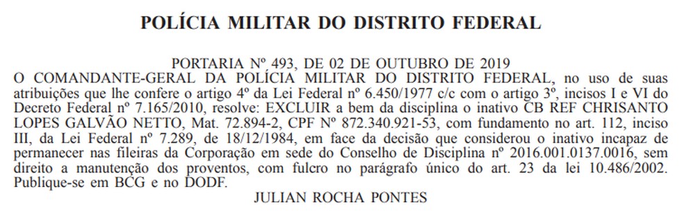 Polícia Militar do DF exlui Chrisanto Lopes Galvão Netto da corporação — Foto: DODF/Reprodução