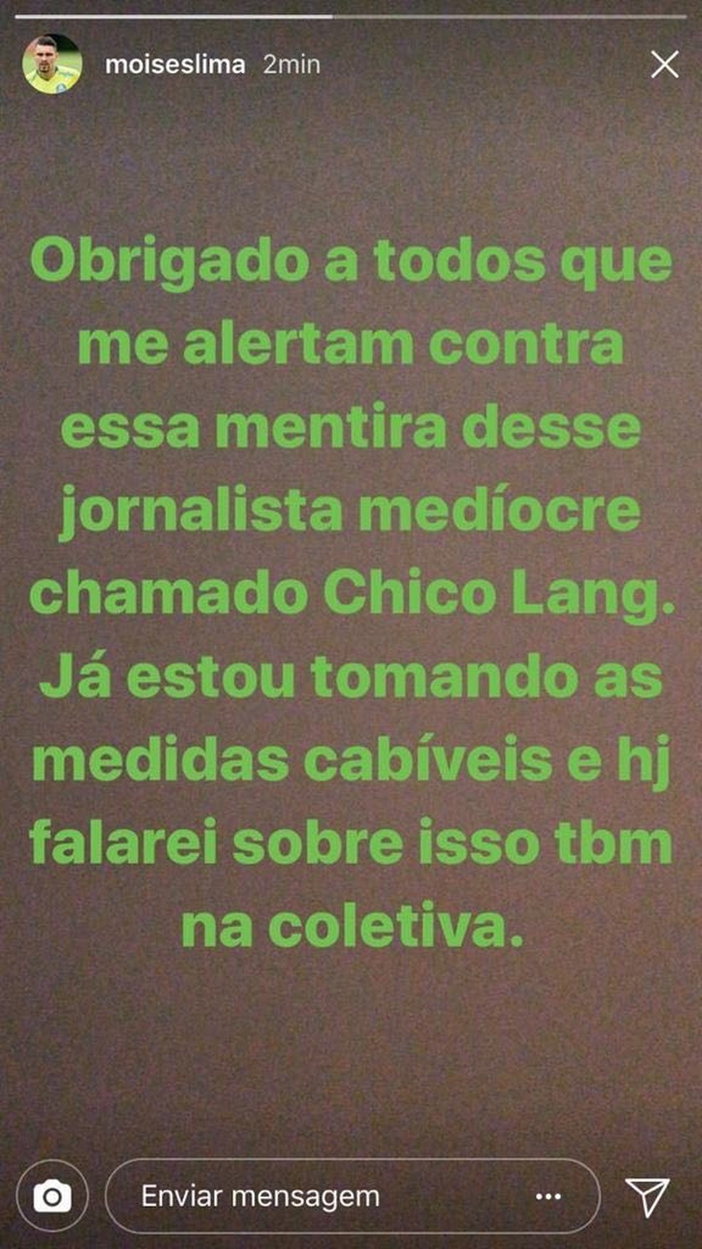 Moisés, do Palmeiras, postou no Instagram mensagem qualificando como 