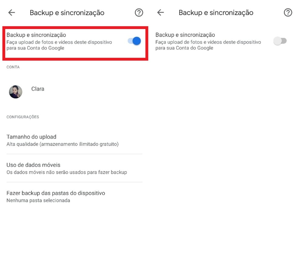 Desative a opção de backup automático do Google Fotos. — Foto: Reprodução/Clara Fabro