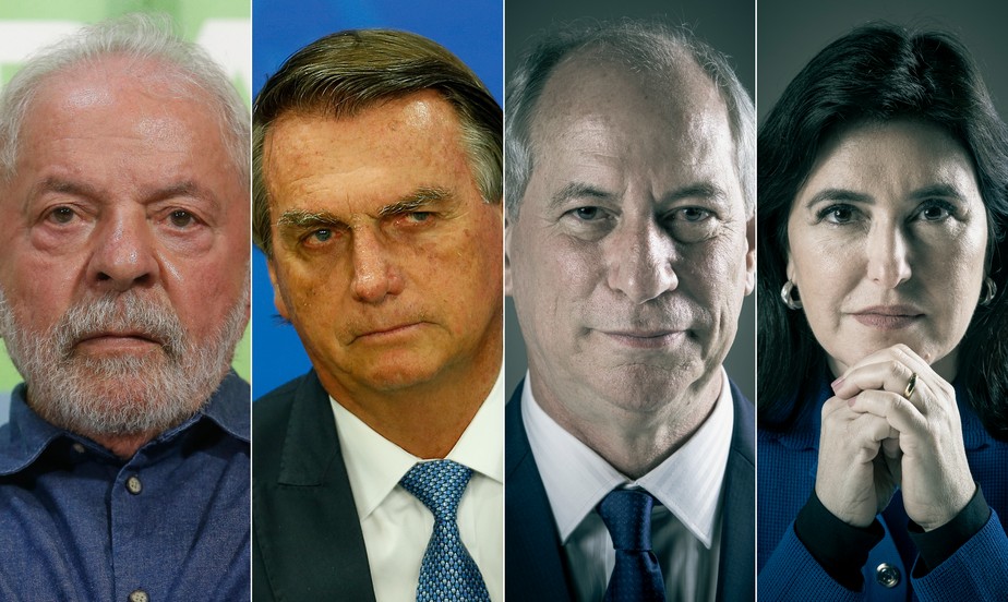 Candidatos à presidência: Luiz Inácio Lula da Silva, Jair Bolsonaro, Ciro Gomes e Simone Tebet