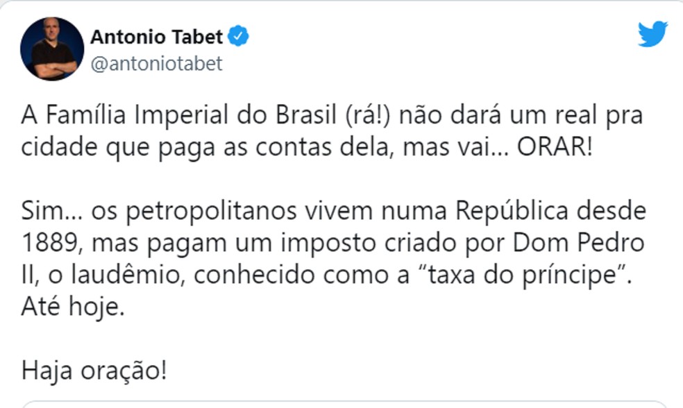 Internautas repercutem mensagem do príncipe imperial do Brasil no Twitter — Foto: Reprodução