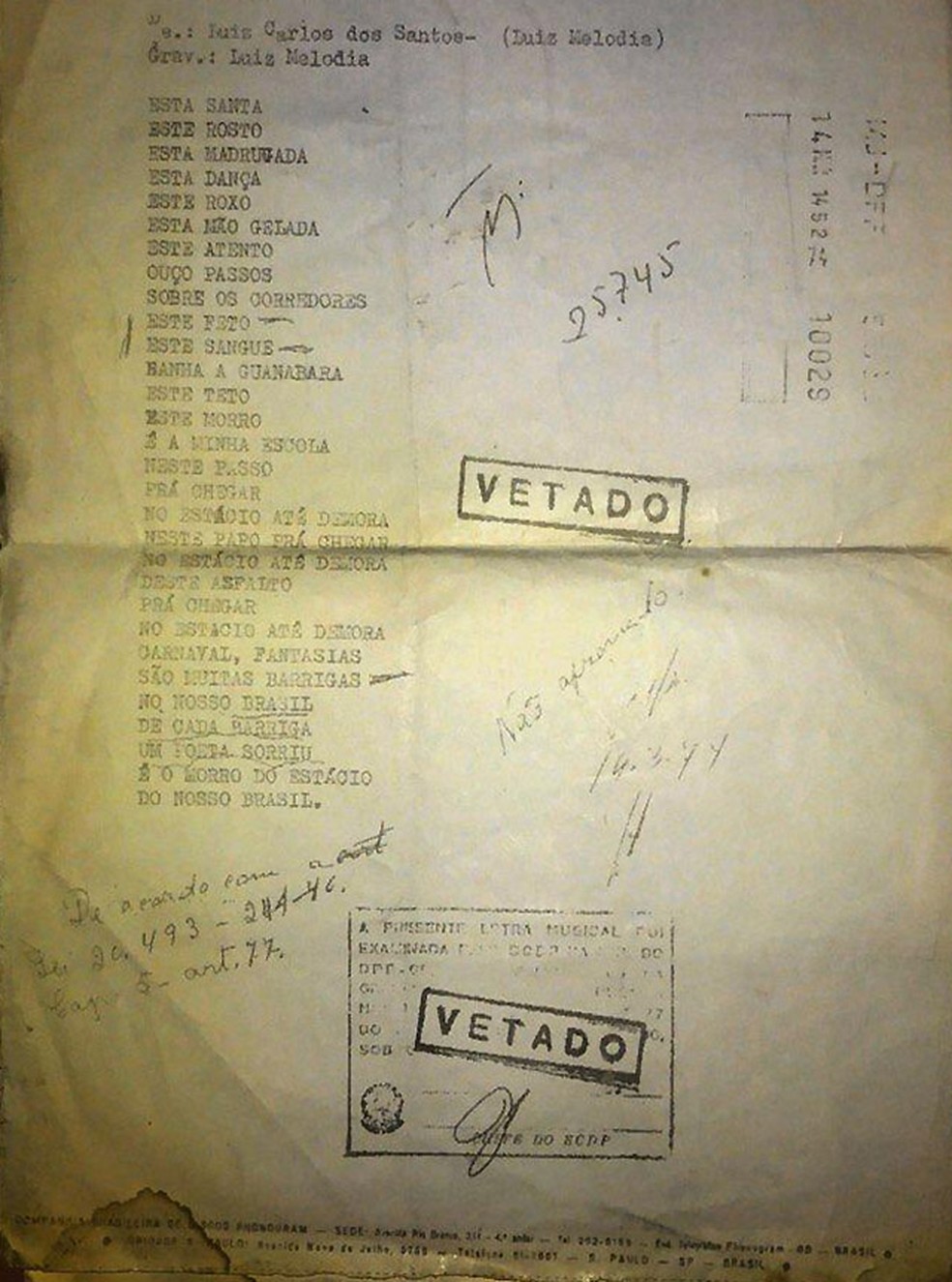 Imagem do veto da música 'Feto, poeta do morro', de Luiz Melodia — Foto: Divulgação