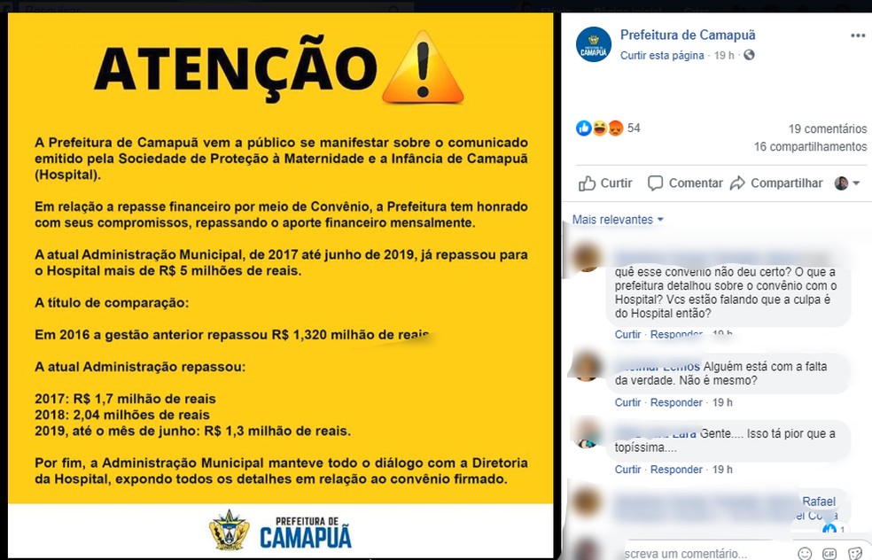 Prefeitura de Camapuã divulga em rede social sobre o repasse de verba a hospital. — Foto: Facebook/Reprodução