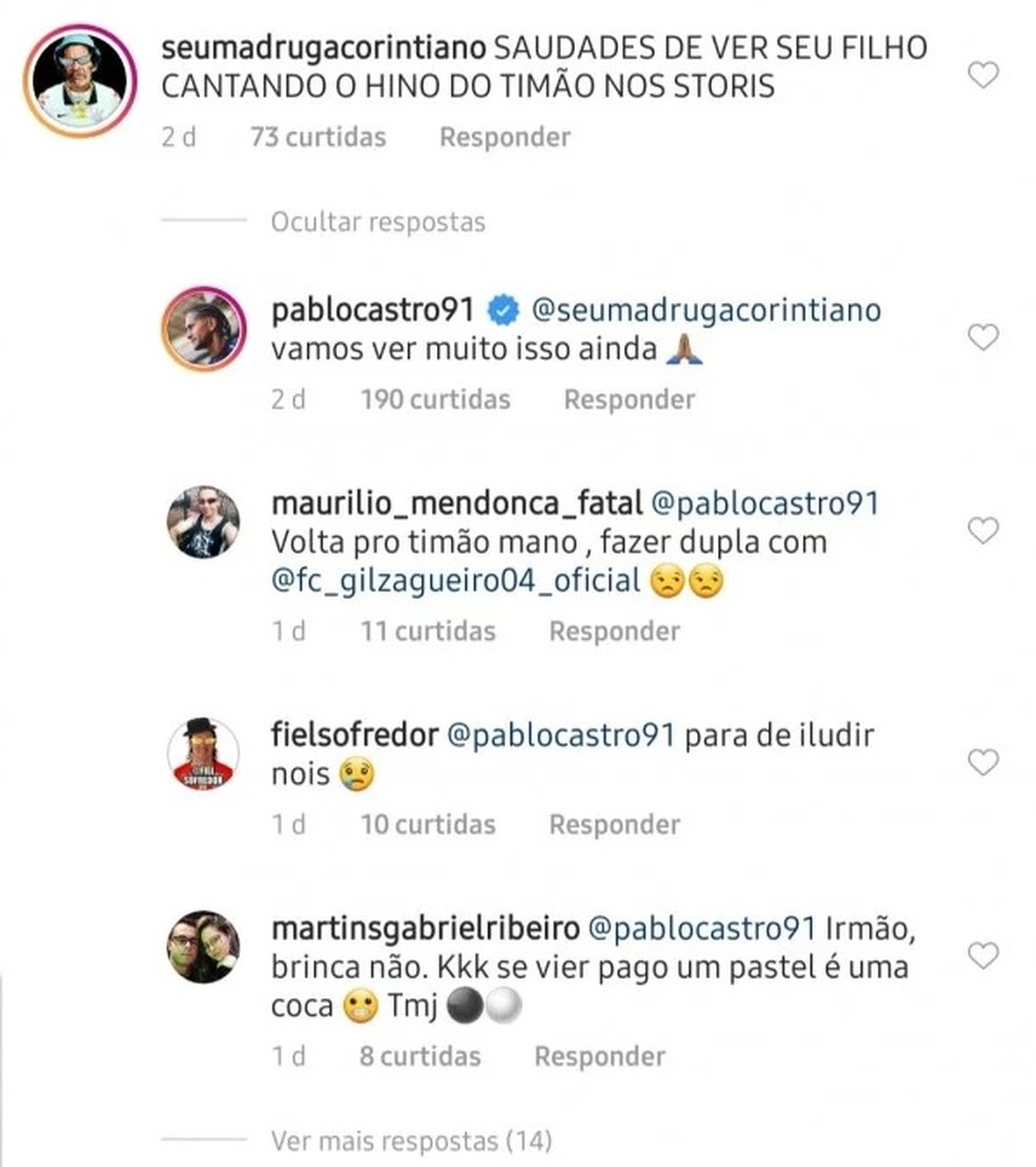 Zagueiro Pablo interagindo com torcedores do Corinthians em rede social — Foto: Reprodução / Instagram
