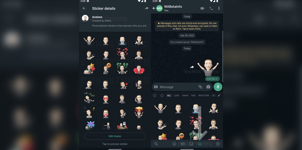 WhatsApp cria pacote de figurinhas com avatar e aloca em nova área no app — Foto: Reprodução/WaBetaInfo