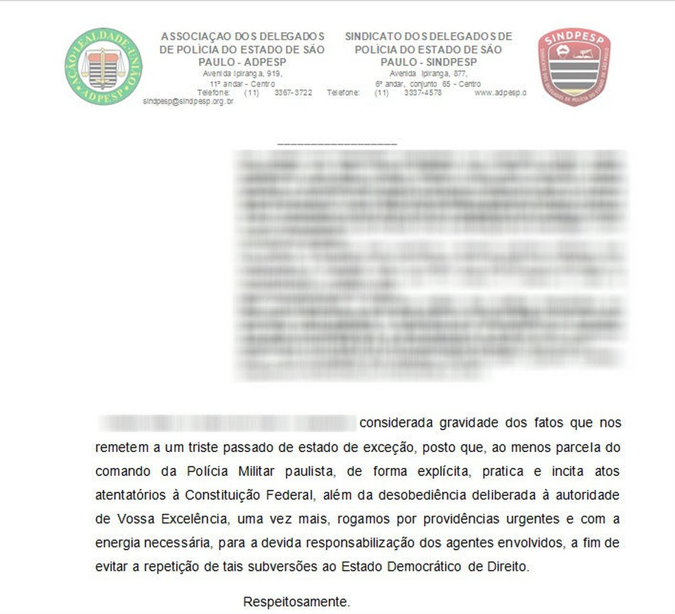 Ofício das entidades que representam os delegados foi encaminhado para a Corregedoria da Polícia Militar (Foto: Divulgação )
