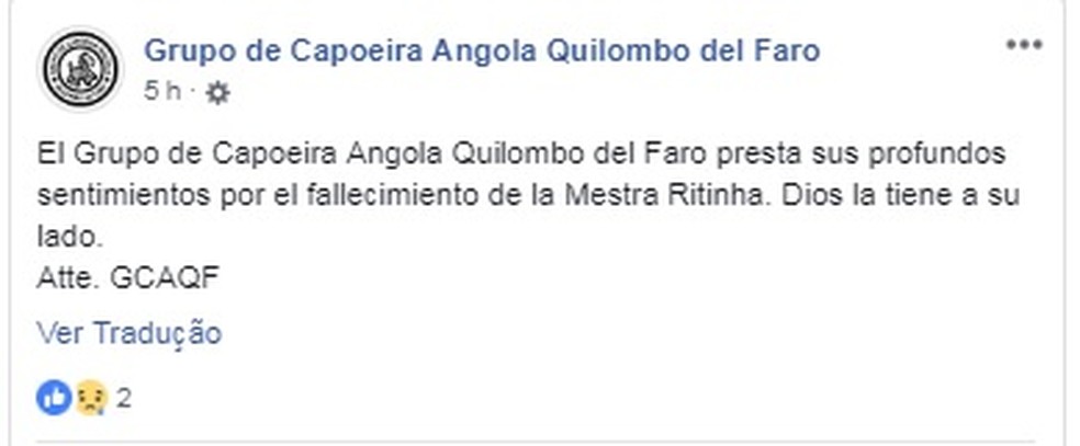 Grupo de Capoeira Angola Quilombo del Faro lamentou a morte da Mestra Ritinha — Foto: Reprodução/Redes Sociais