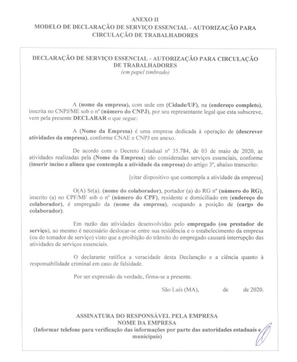 Declaração de serviço essencial para circulação de trabalhadores na Grande São Luís — Foto: Governo do Maranhão