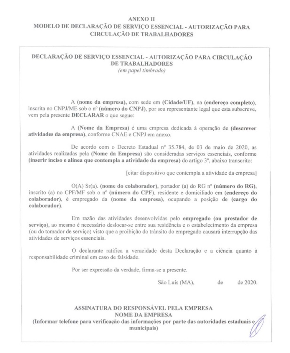 Declaração de serviço essencial para circulação de trabalhadores da área privada na Grande São Luís — Foto: Governo do Maranhão