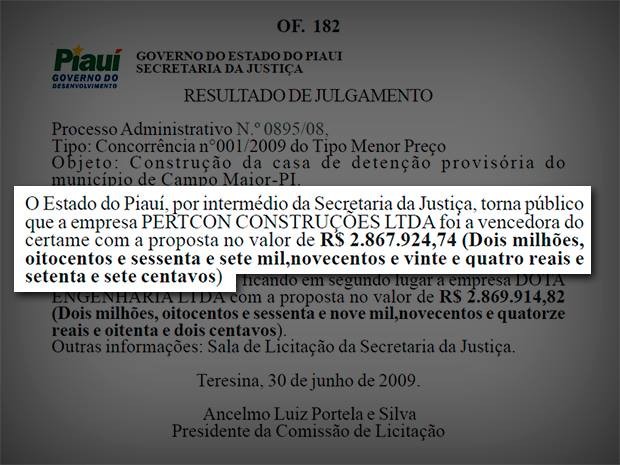 Contrato firmado entre o governo do estado e a construtora  (Foto: Diário Oficial do Piauí)