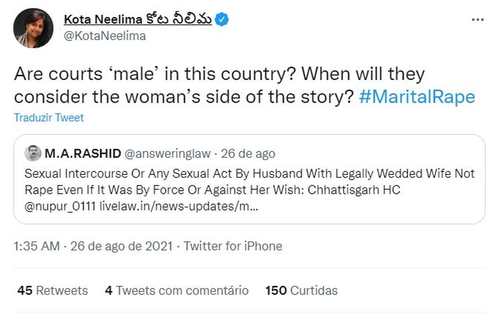 Kota Neelima pergunta: 'quando os tribunais vão levar em consideração o lado feminino da história?' — Foto: Reprodução/Twitter
