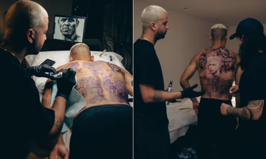 Profissional faz tatuagem com desenhos de Ronaldo e Neymar nas costas do jogador Richarlison