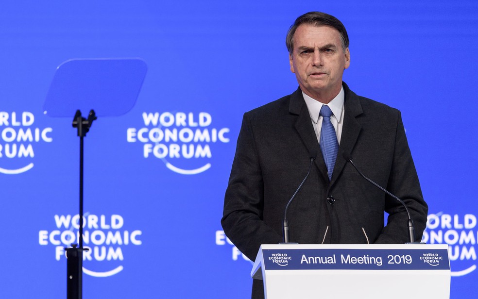 O presidente Jair Bolsonaro discursou nesta terça (22) no Fórum Econômico Mundial, em Davos — Foto: Fabrice Coffrini/AFP