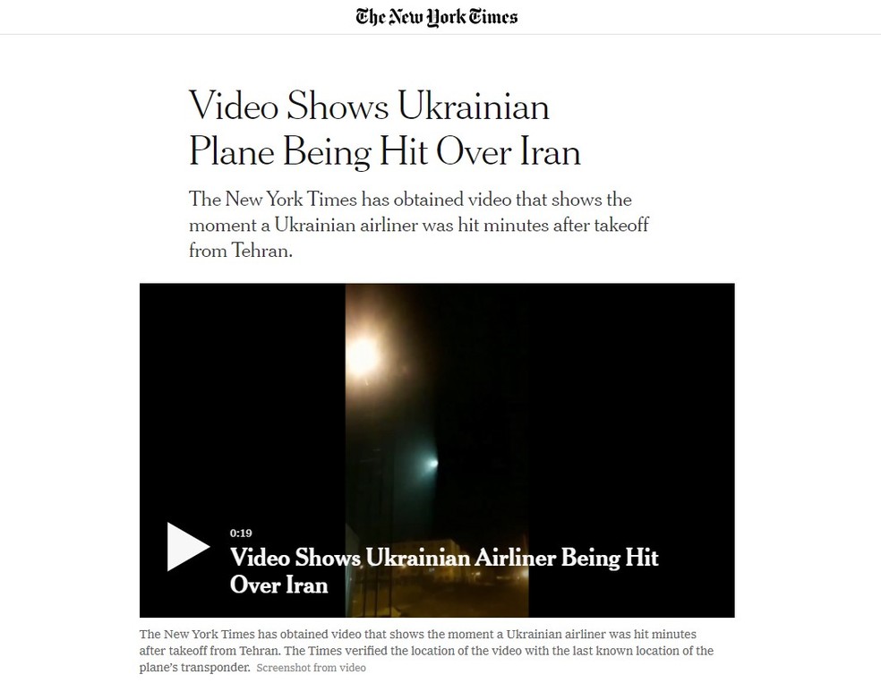 Jornal divulgou vídeo que mostra o que seria o momento em que o voo da Ukrainian International Airlines é atingido por míssil — Foto: Reprodução/New York Times