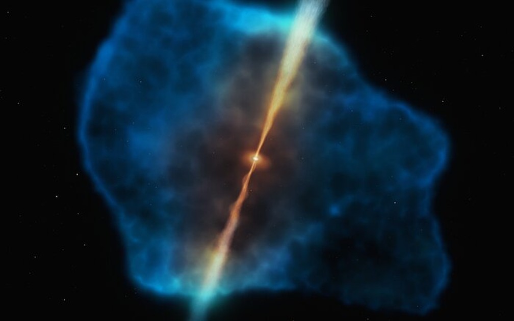 Simulação de um reservatório de gás ao redor de um quasar, objeto astronômico distante maior do que uma estrela — Foto: Divulgação/ESO