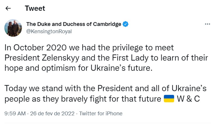 Posicionamento oficial do Príncipe William e a Duquesa de Cambridge contra a guerra na Ucrânia (Foto: Twitter/Reprodução)