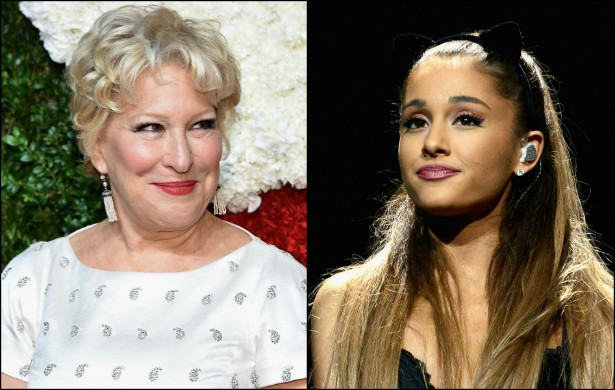 BETTE MIDLER versus ARIANA GRANDE — Do alto de seus quase 70 anos de vida, a diva Bette Midler esculachou Ariana Grande, de 21, dizendo que esta tem uma 