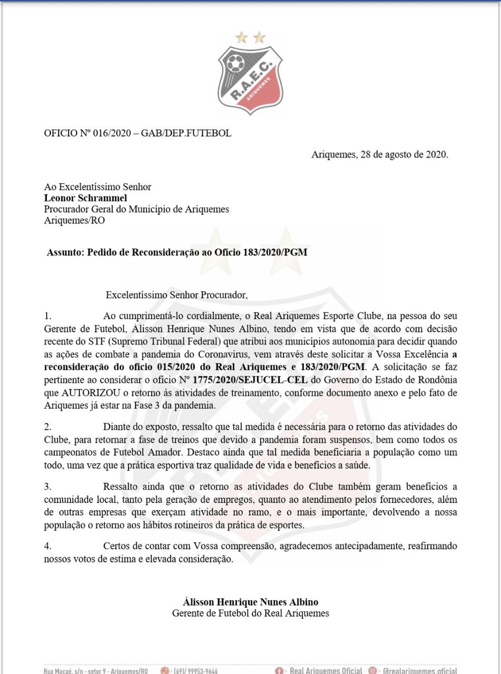 Pedido do Real Ariquemes à Prefeitura de Ariquemes pedindo liberação para treinar (Foto: Divulgação )