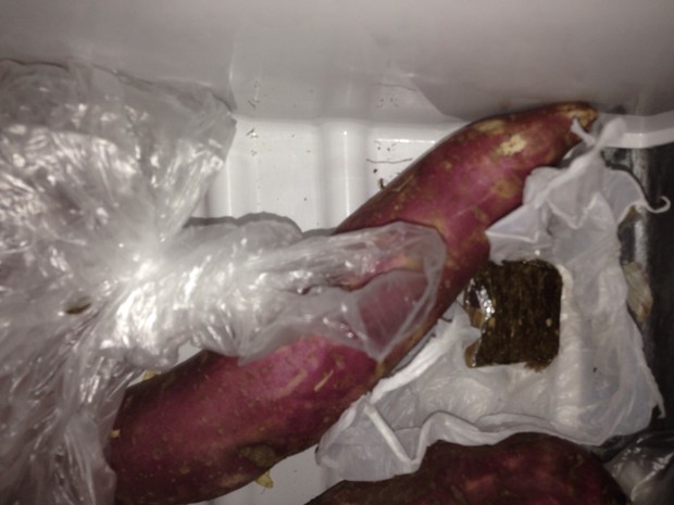 Porção de droga encontrada em geladeira de suspeito (Foto: Divulgação/SSP)