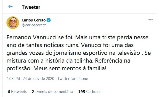 Carlos Cereto lamenta morte de Fernando Vannucci (Foto: Reprodução/Twitter)