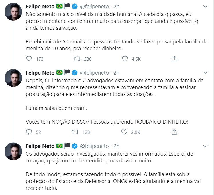 Felipe Neto lamenta fraudadores que tentam roubar dinheiro dos estudos de menina de 10 anos  (Foto: Reprodução/Twitter)