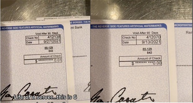 Garçonete postou fotos de contracheque com salário de US$ 0,01 por semana (Foto: Reprodução / TikTok @lvndsmac)