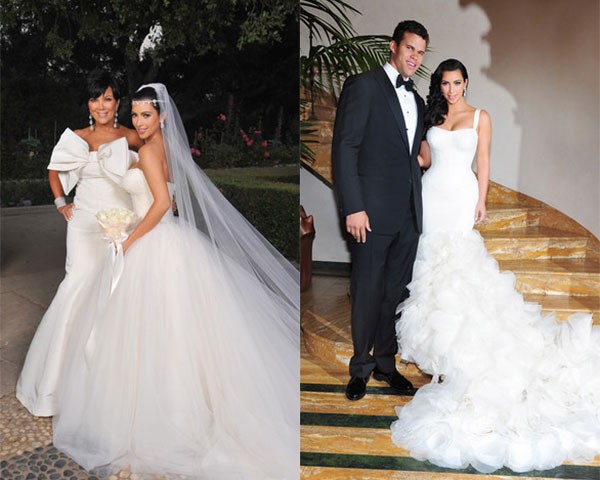 Kim Kardashian e dois dos vestidos Vera Wang que usou no seu casamento (Foto: Reprodução/Instagram)