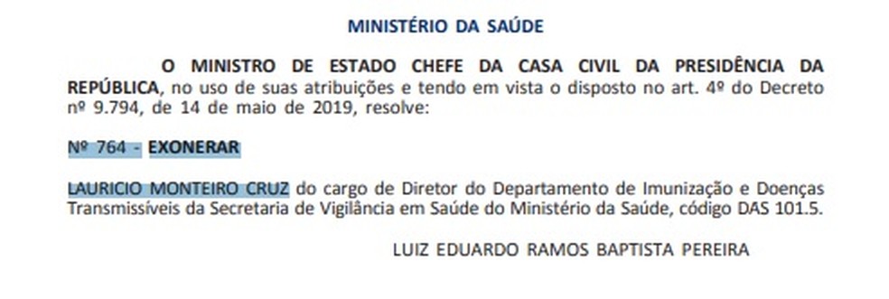 Trecho do 'Diário Oficial da União' com exoneração de Lauricio Monteiro Cruz — Foto: Reprodução/ Diário Oficial da União