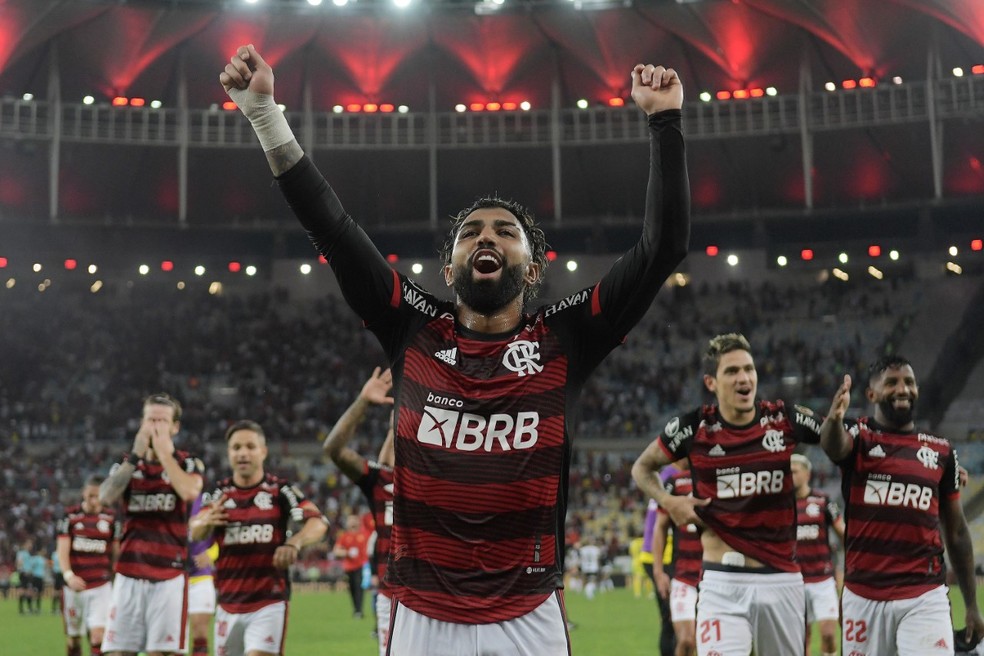 Gabigol comemorando vitória do Flamengo na Libertadores — Foto: Alexandre Durão
