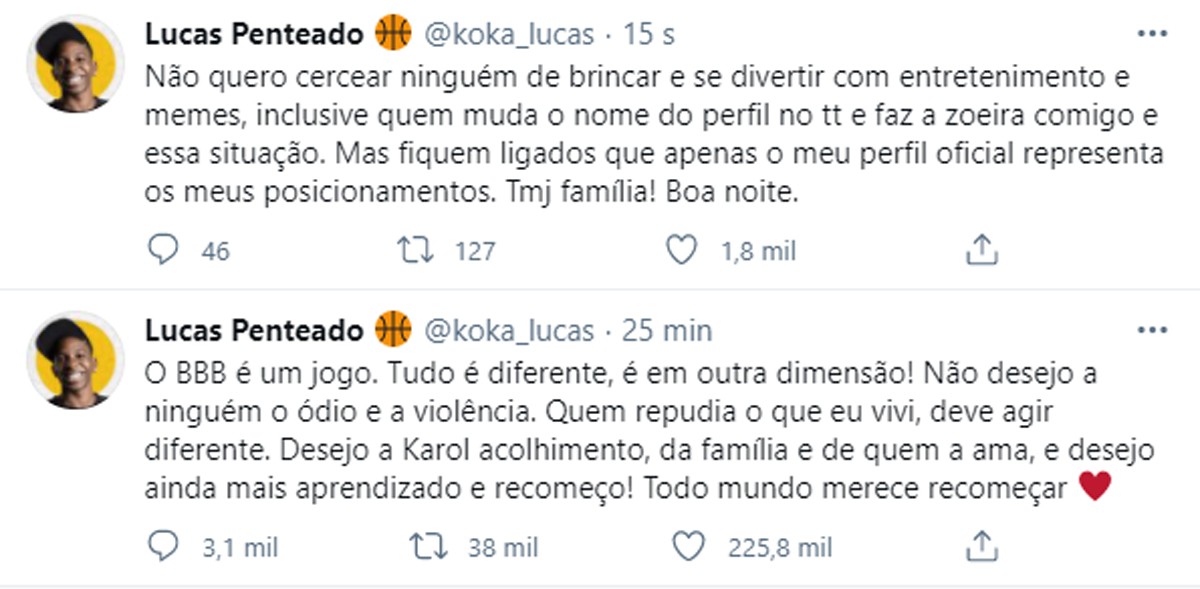 Lucas Penteado posta após eliminação de Karol Conká do BBB21 (Foto: Reprodução/Twitter)