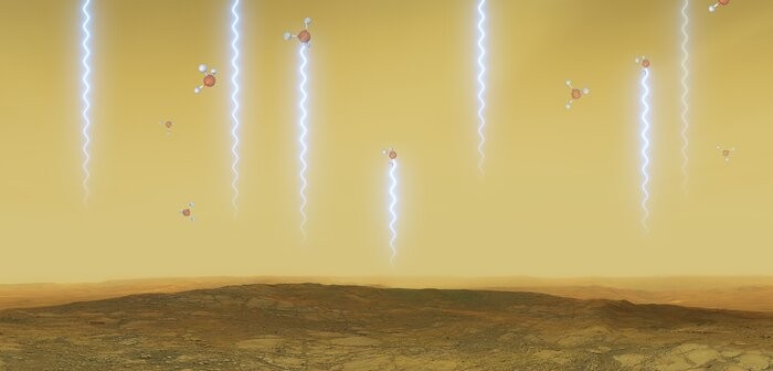 This artistic illustration depicts the Venusian surface and atmosphere, as well as phosphine molecules. These molecules float in the windblown clouds of Venus at altitudes of 55 to 80km, absorbing some of the millimetre waves that are produced at lower al (Foto: ESO/M. Kornmesser/L. Calçada)