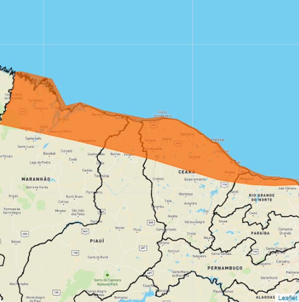 As chuvas devem atingir o litoral-leste, o de Fortaleza, o litoral-oeste e regiões norte, da Ibiapaba, além do Maciço do Baturité e parte do Vale do Jaguaribe. — Foto: Inmet/Reprodução