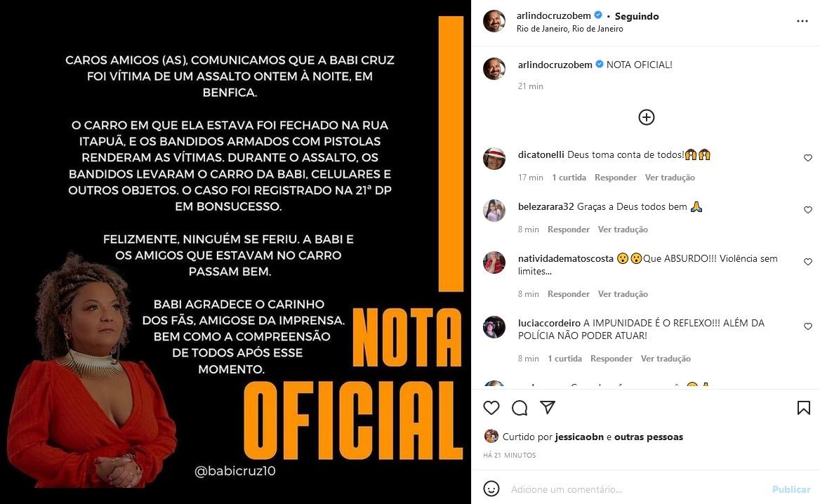 Babi Cruz é assaltada em Benfica (Foto: Reprodução/Instagram)