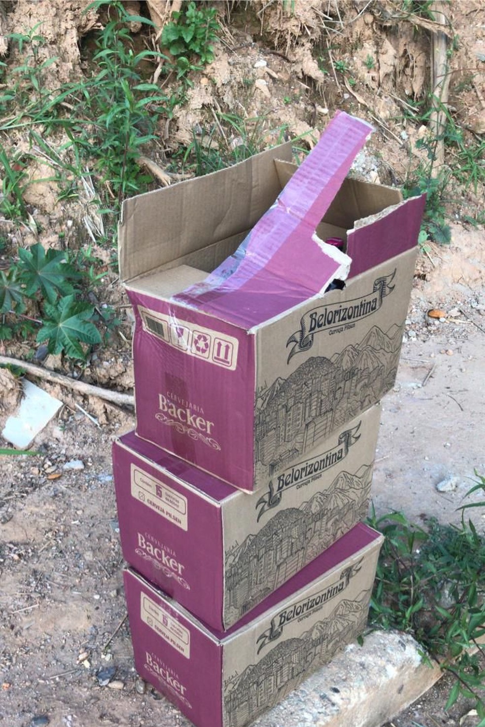 Caixas com cervejas de lotes contaminados da Backer são encontrados em terreno baldio — Foto: Polícia Civil/Divulgação