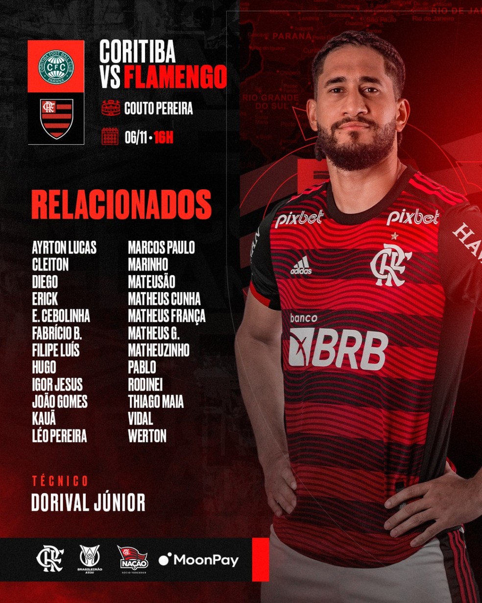 Os relacionados do Flamengo para enfrentar o Coxa &mdash; Foto: Reprodu&ccedil;&atilde;o