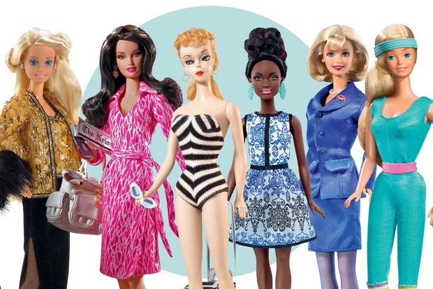 Oscar de la Renta (1985), DVF (2006), Primeira Barbie (1959), Petite Afro (2016), Candidata a presidente (2000) e Fitness (1984) (Foto: Mattel/ Divulgação, Vogue Paris Dec/Jan, Vogue Japão Abril/2015 e Reprodução)