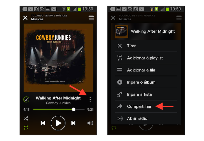 Acessando a ferramenta de compartilhamento do Spotify na versão para Android (Foto: Reprodução/Marvin Costa)