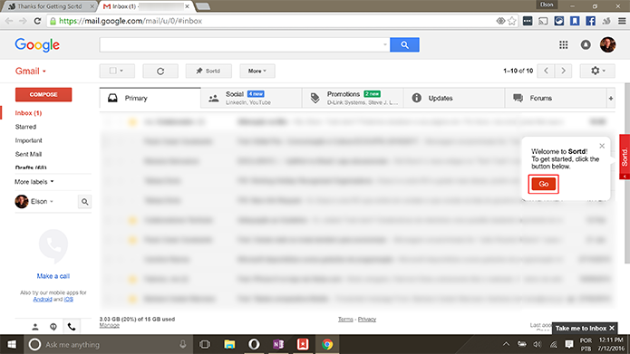 Sortd exibirá atalho na tela inicial do Gmail para que usuário mude para o app (Foto: reprodução/Elson de Souza)
