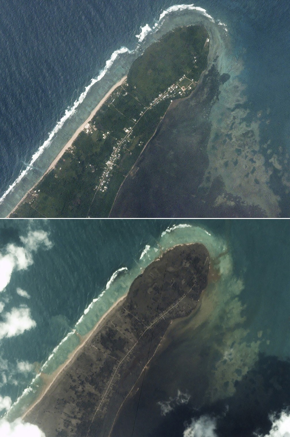 Combinação de imagens de satélite mostra visão geral de Kanokupolu, em Tongatapu, em Tonga, em 14 de janeiro de 2022 (acima) e em 16 de janeiro de 2022 (abaixo) após a erupção do vulcão submarino Hunga-Tonga-Hunga-Ha'apai — Foto: Planet Labs PBC via AP