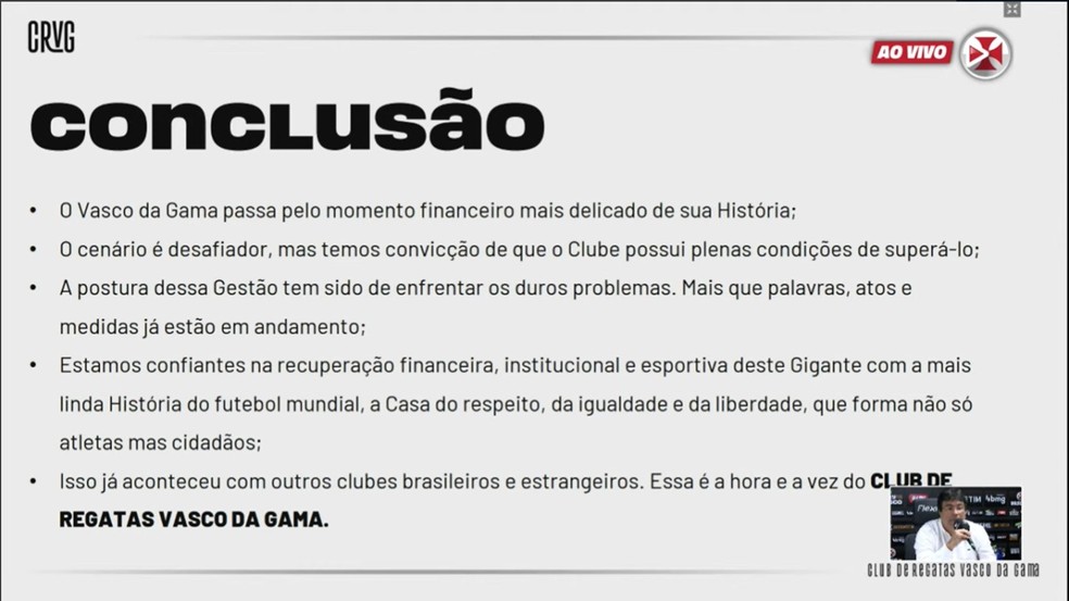 Vasco apresenta balanço financeiro 2020 — Foto: Reprodução / VascoTV