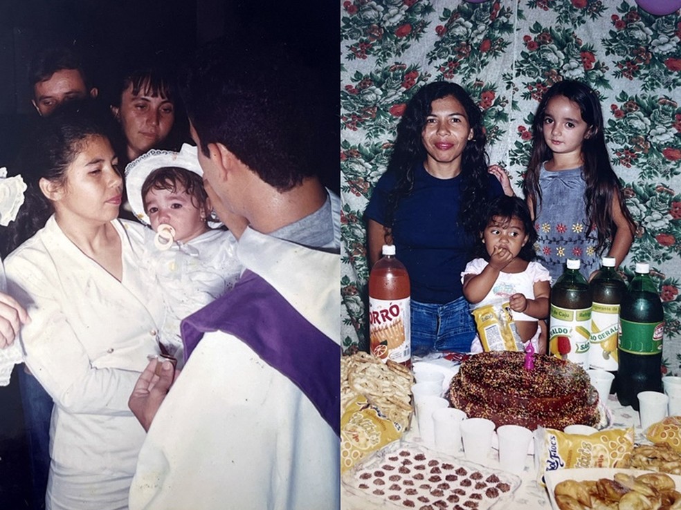Na primeira foto: Raylane no colo da mãe Marlucy; na segunda foto: Raylane com Marlucy e a irmã mais nova, Mayza Gomes — Foto: Arquivo pessoal/Raylane Amaral 