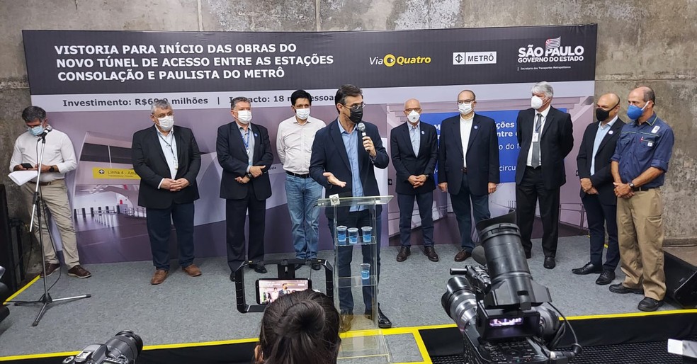 O prefeito de São Paulo, Ricardo Nunes (MDB), e o governador paulista Rodrigo Garcia (PSDB) em evento no Metrô de São Paulo nesta terça-feira (29). — Foto: Rodrigo Rodrigues/g1