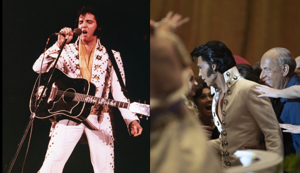 Elvis Presley dos anos 1970, com roupas de  Bill Belew (Foto: Fotos International/Getty Images e Divulgação/IMDb)