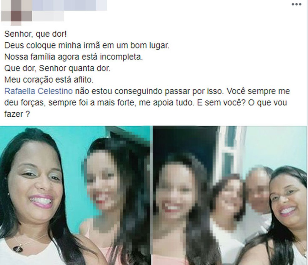 Post da irmã da vítima, sobre a morte de Rafaela, no sul da Bahia — Foto: Reprodução/Facebook