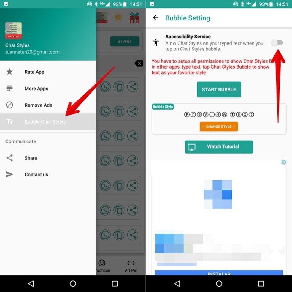 Ativando botão flutuante do Chat Styles que permite adicionar um atalho de personalização — Foto: Reprodução/Helito Beggiora
